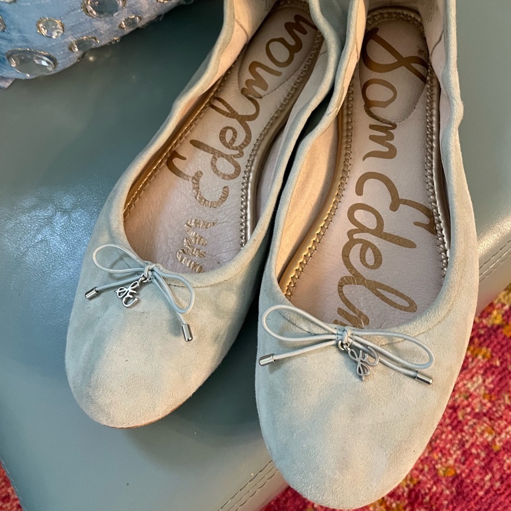 SAM EDELMAN pretty light blue faux suede flats.